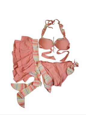 3 Pc Coral Pink Striped Trim Bikini Set